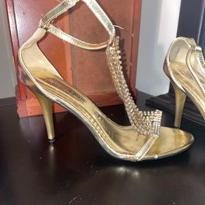 Gold and Rhinestone Peep Toe Sling Back Pumps